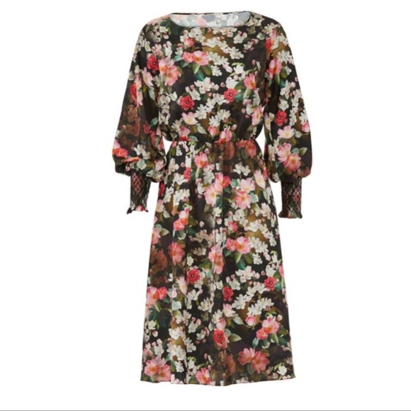 JayGodFrey Black Sheer Floral Smocked Sleeve Smocked Chiffon Style Dress - Picture 3 of 8